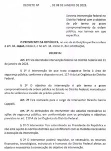 Decreto de intervenção no governo do DF assinado por Lula